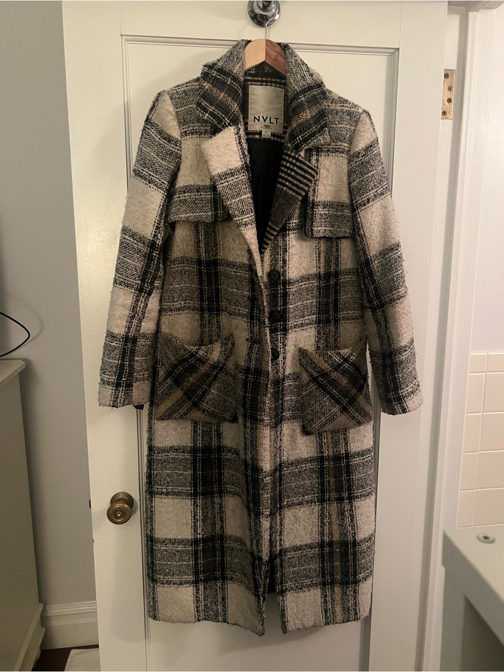 NVLT Black & Cream Plaid Long Coat